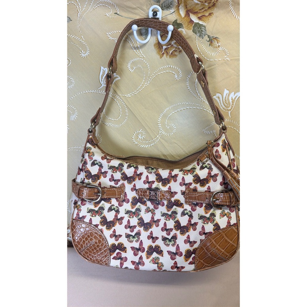 Liz Claiborne Vintage Butterfly Print Hobo Bag Croc Embossed Trim LC-1441-P